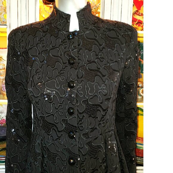 Vintage Betsey Johnson Black Peacoat Embroidered Sequin Dress Coat Jacket S 2 - Picture 3 of 16